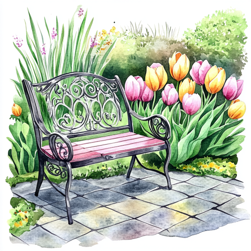 A Beautiful Bench in a Spring Garden Illustration. A Beautiful Bench in a Spring Garden Illustration.