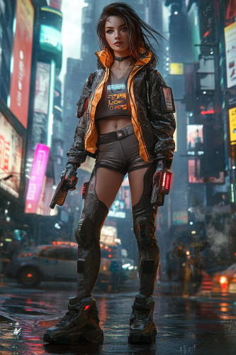 A Beautiful Female Cyberpunk Decker in Futuristic City