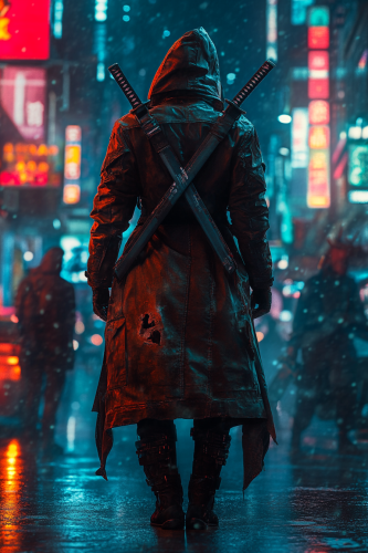 A Beautiful Female Cyberpunk Street Warrior at Night