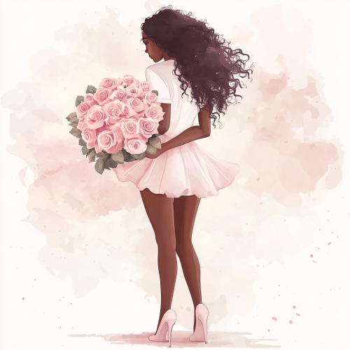 A Beautiful Girl Holding Roses in Watercolor