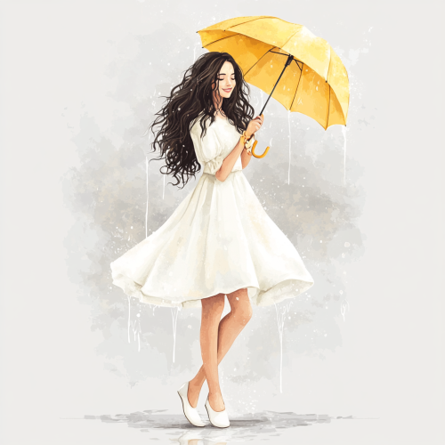 A Beautiful Girl Standing in Spring Rain.