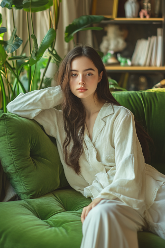 A Beautiful Girl in Pajamas on Green Sofa