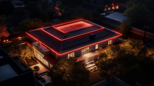 A Beautiful Home Shines Red Roof At Night