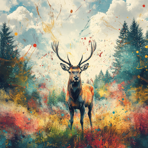 A Beautiful Painted Deer in Cloudy Forest