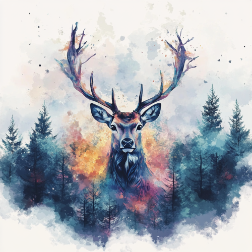 A Beautiful Painted Deer in a Cloudy Forest.