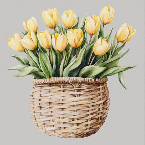A Beautiful Rattan Basket with Bright Yellow Tulips