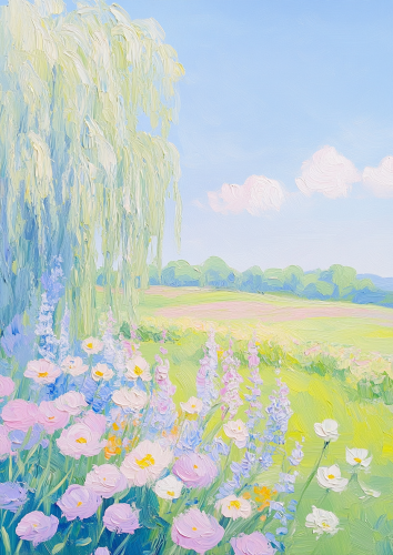 A Beautiful Willow Tree in a Field: Monet Style