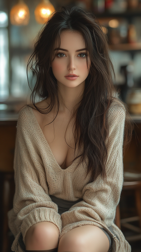 A Beautiful Woman in Black Tights at Coffee Bar