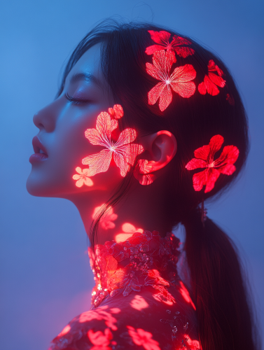 A Beautiful Woman with Red Floral Patterns
