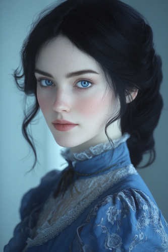A Beautiful Young Woman in Blue Victorian Dress