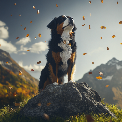 A Bernese Dog Posing Heroically on Mountain Top