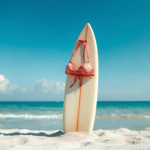 A Bikini Top on Surfboard at Beach A Bikini Top on Surfboard at Beach