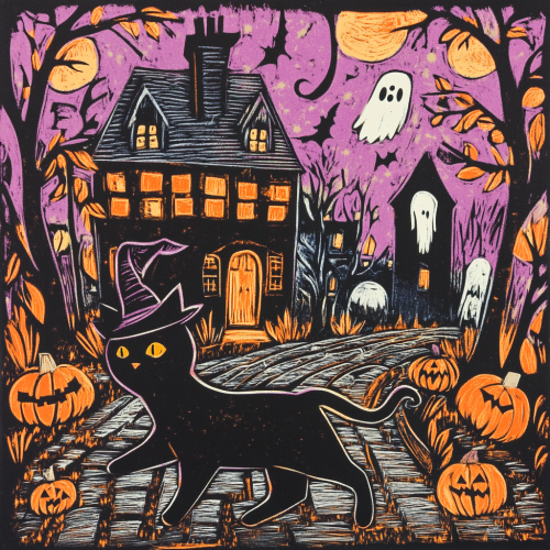 A Black Cat in Witch's Hat on Halloween Street
