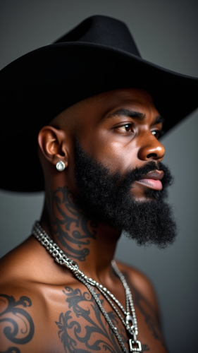 A Black Cowboy with Intricate Neck Tattoos