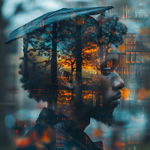 Double Exposure Image of Black Male Graduate in University Campus
