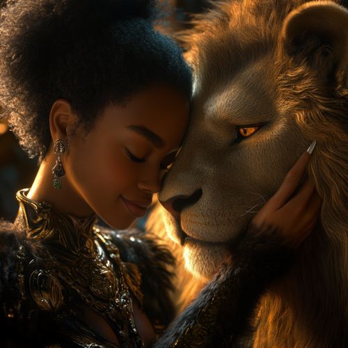 A Black Queen petting her Pet Lion in 8k. A Black Queen petting her Pet Lion in 8k.