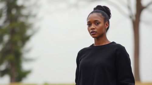 A Black Woman Modelling a Black Sweater Outdoors