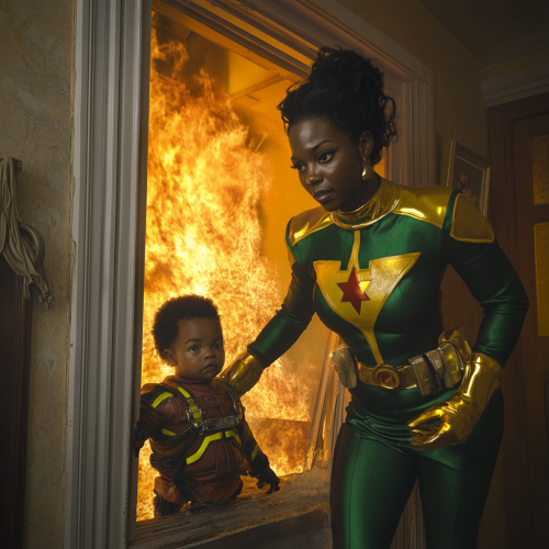 A Black Woman Superhero Saving Toddler from Fire.