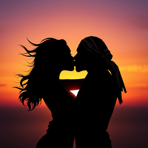 A Black couple kissing on stunning beach sunset.