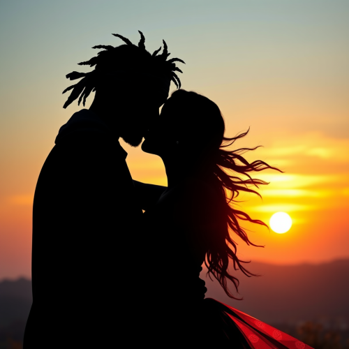 A Black couple kissing on sunset beach silhouette.