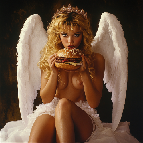 A Blonde Cyber Angel Eating a Hamburger