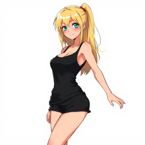 A Blonde Girl in Black Tank Top and Shorts