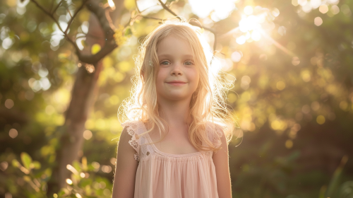 A Blonde Girl in a Pink Dress in Forest