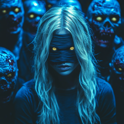 A Blonde Woman Surrounded by Zombies at Night.