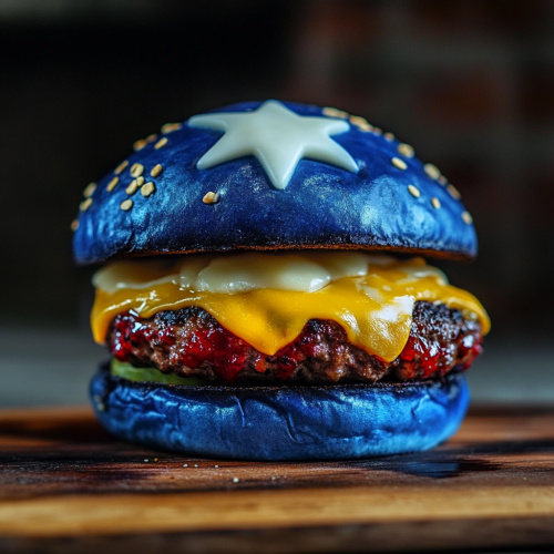 A Blue Cheeseburger with Star on Top Bun