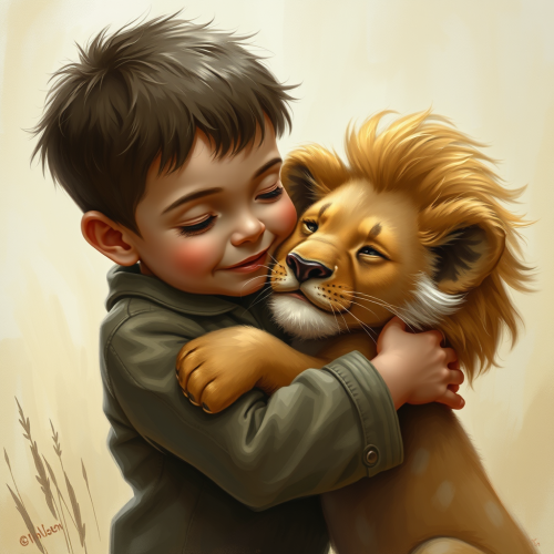 A Boy Embracing a Baby Lion in Fantasy Art