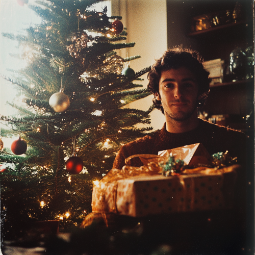 A Boy Opens Christmas Presents in 80s Photo