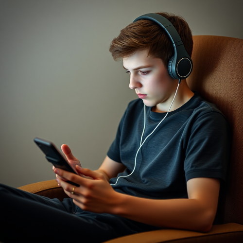 A Boy Sitting on Chair with Phone and Headphones. A Boy Sitting on Chair with Phone and Headphones.