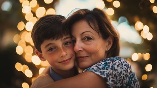 A Boy and His Mother Smiling at Christmas