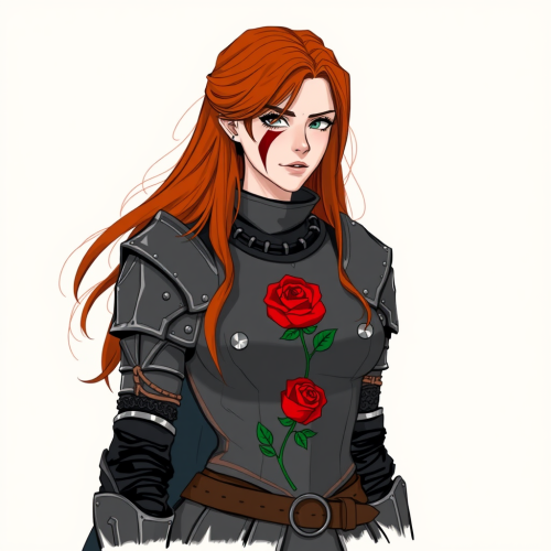 A Brave Female Knight with Red Rose Armor