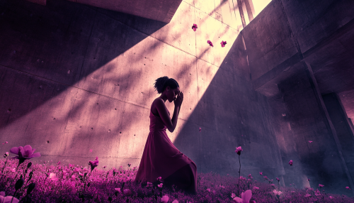 A Brazilian woman in purple building with flowers.