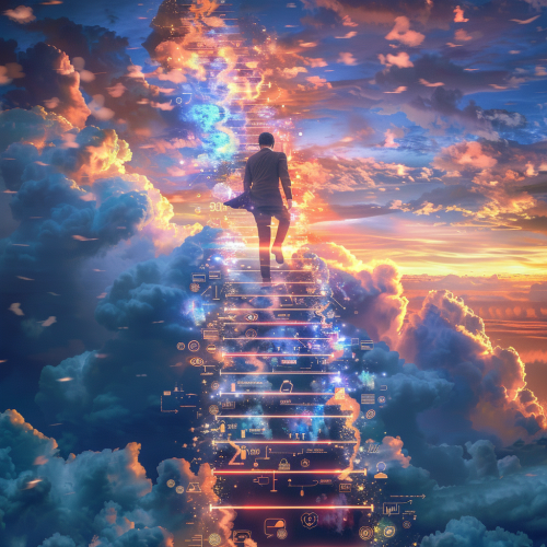 A Businessman Climbs Glowing Digital Marketing Stairs