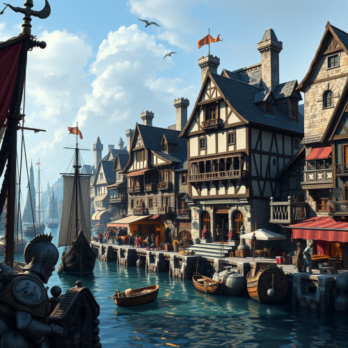 A Bustling Medieval Port City with Knights