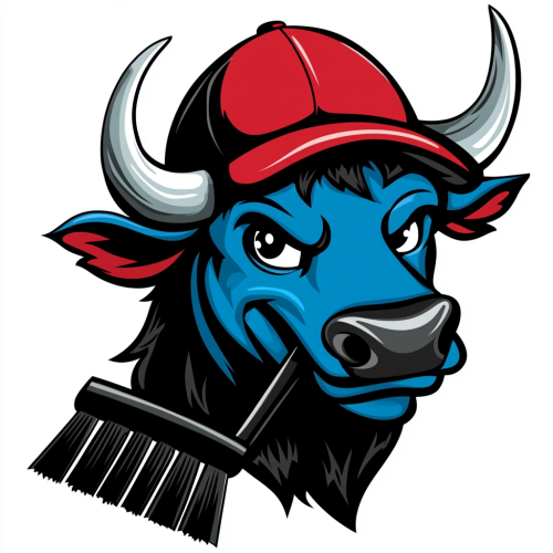 A Cartoon Bull Holding a Blacktop Rake Logo