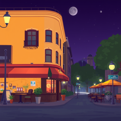 A Cartoon Cafe in the Night Street