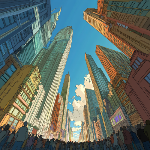 A Cartoon City with Crowds and Skyscrapers