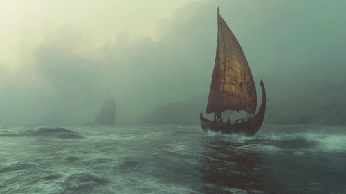 A Celtic ship sails on misty rough sea.