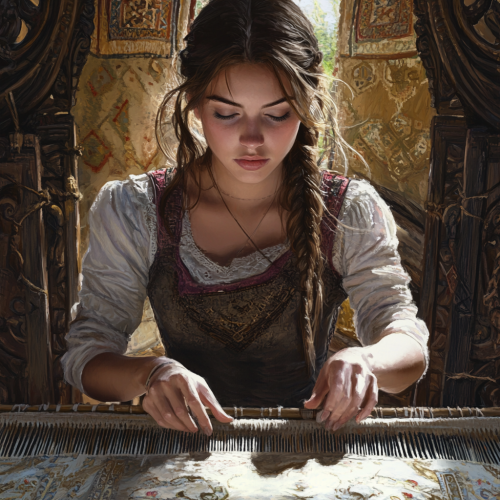 A Celtic woman weaving a silk garment.
