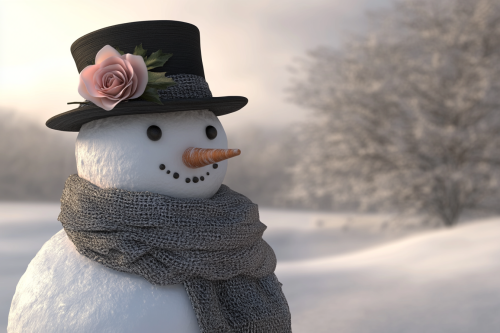 A Charming Snowman with Rose in Winter Landscape