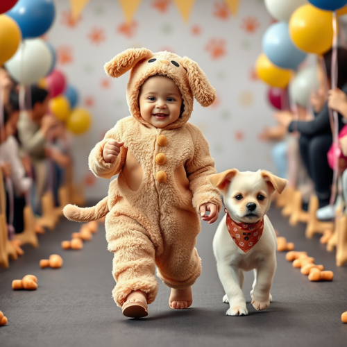A Cheerful Baby and Puppy on Toy-filled Runway