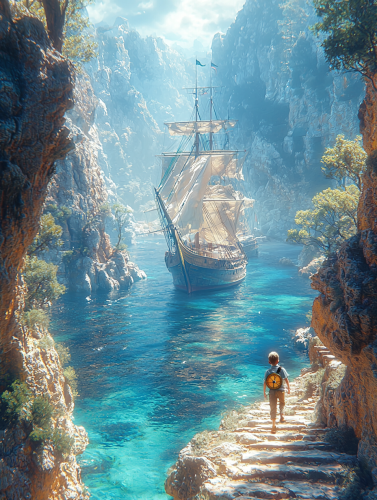 A Child Boy Walking to Ship on Water