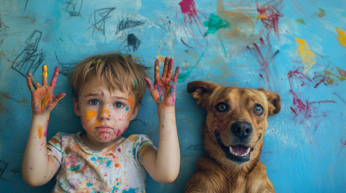 A Child and Dog Fingerpainting Together on Wall