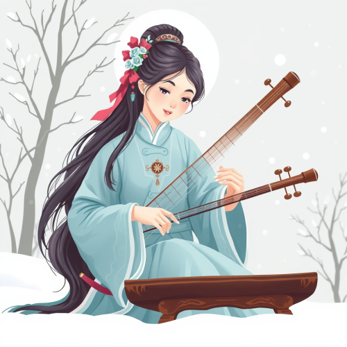 A Chinese Girl Playing Guqin in Winter