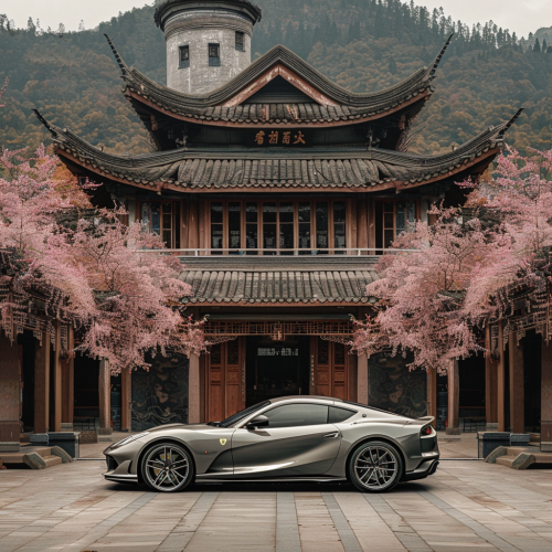 A Chinese-style building with a car poster