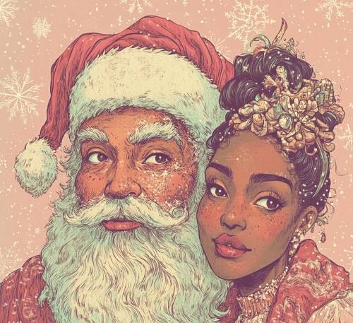 A Christmas Card with Santa, Woman, and Designs