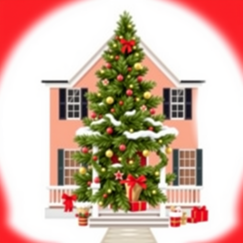 A Christmas House Against Red and White Backdrop